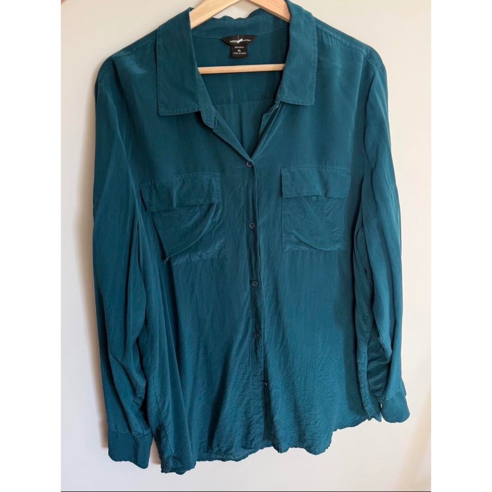 Moda International Teal Blue 100% Silk Button Up Blouse Pockets Size XL